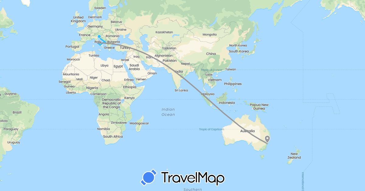 TravelMap itinerary: plane, boat in Australia, Croatia, Italy, Montenegro (Europe, Oceania)